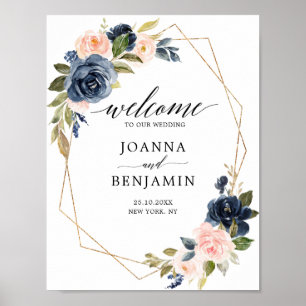 Begrüßung der Hochzeit von Navy Blue Blush Geometr Poster