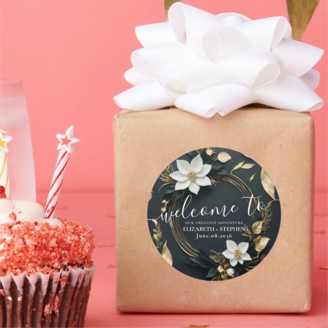 Begrüßung der Schwarz-weißen Goldblumenzeremonie Runder Aufkleber (Party)