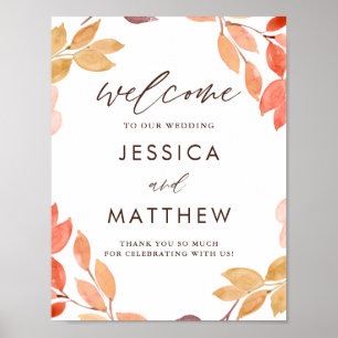 Begrüßung der Watercolor Herbstblattfeuerhochzeit Poster