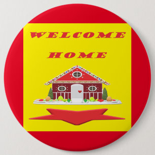 Begrüßung der Zuhause in den rot-gelben Farbtönen Button