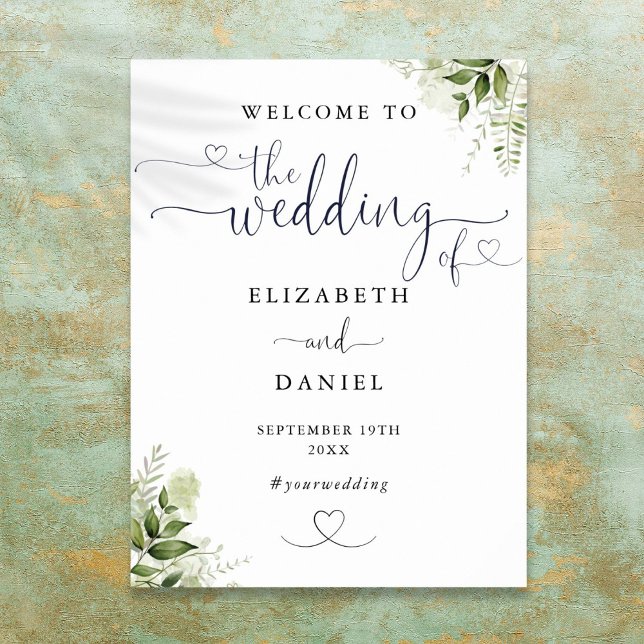 Begrüßung des Begrüßungszeichens von Greenery Flor Poster (Greenery Floral Heart Script Wedding Welcome Sign)