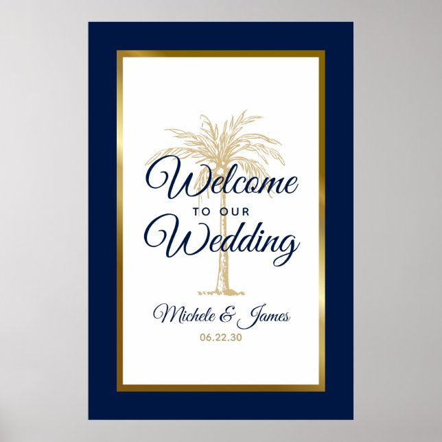 Begrüßung des Hochzeitstils des Blue Palm Tree Poster (Vorne)