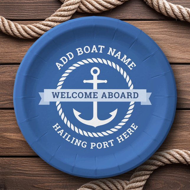 Begrüßung des Namens des Ankerseils an Bord Pappteller (Anchor rope border boat name welcome aboard paper plates)