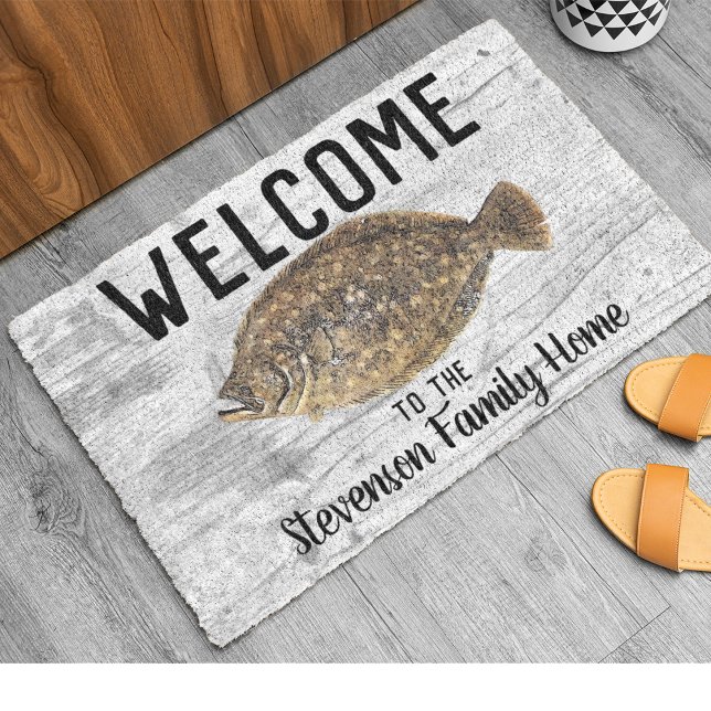 Begrüßung Flunder Familienname Rustikal Fußmatte (Flounder Fishing Welcome Doormat.)