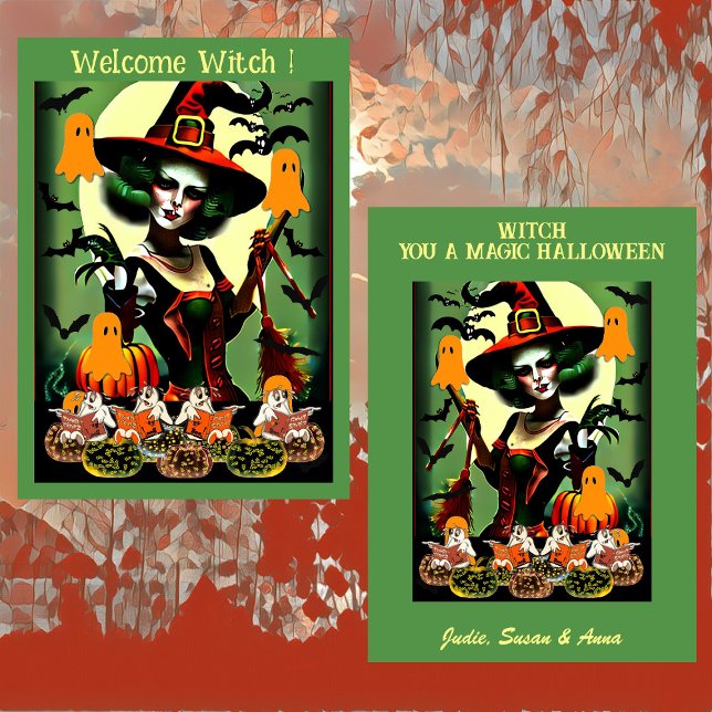 Begrüßung Hexe Ghosting nächtliche Kürbislaterne Feiertagskarte (Welcome Witch Halloween Card)