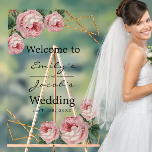Begrüßung Hochzeit Gold Glitzer Geo Pink Floral Acrylschild