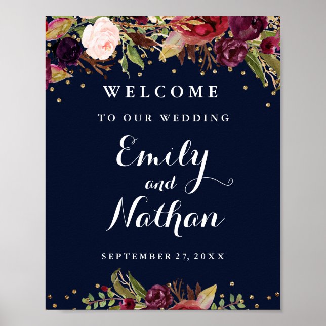Begrüßung Hochzeitssignatur Burgundy Gold Navy Flo Poster (Vorne)