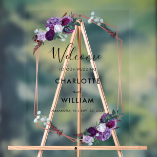 Begrüßung lila Blumenschrift Acrylschild