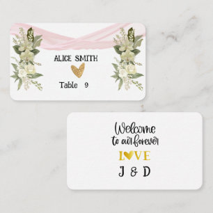 Begrüßung mit rosa Streifen und weißer Rose Platzkarte