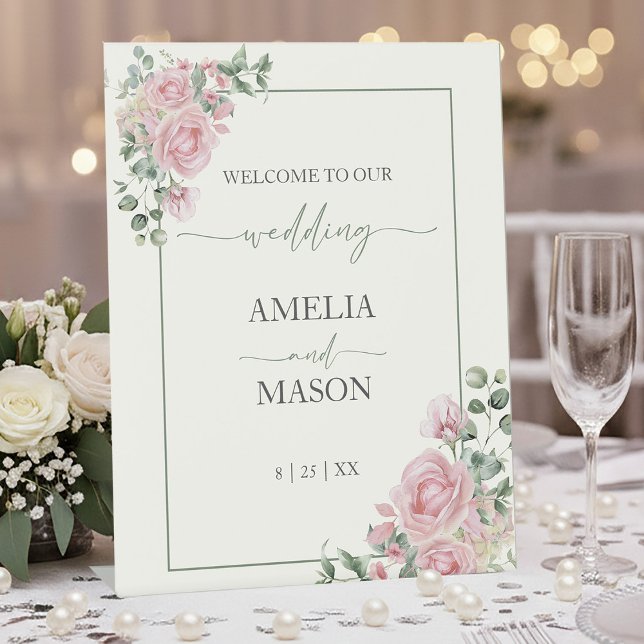 Begrüßung mit rosa und grünem Blumen Sockelschild (Blush Pink and Sage Green Floral Wedding Welcome Pedestal Sign)