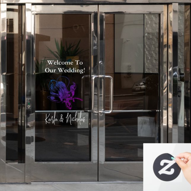 Begrüßung mit weißer und violetter Blüte Fensteraufkleber (Büro Tür)