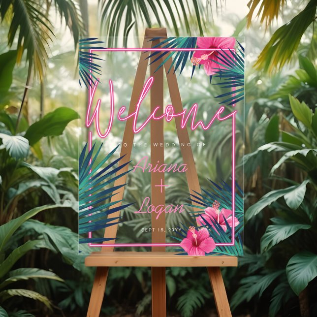 Begrüßung Neon Pink Tropical Floral Palm Hochzeit Acrylschild (Welcome Fun Neon Pink Tropical Floral Palm Wedding Acrylic Sign)