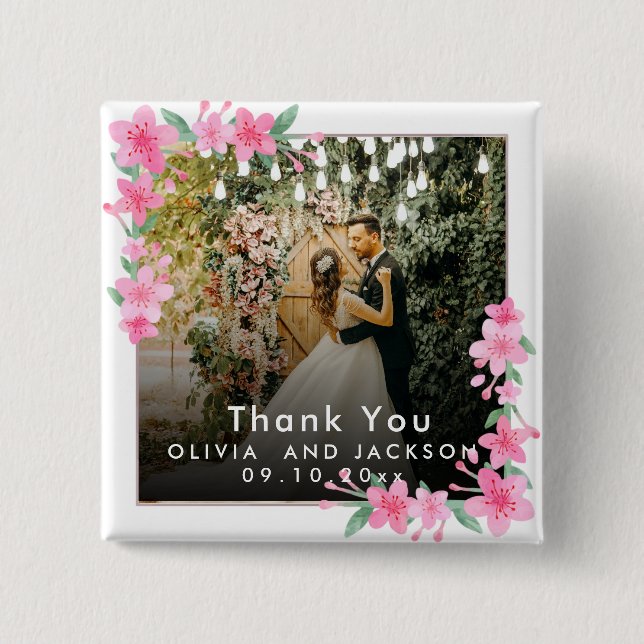 Begrüßung Party Rosa Blütengoldene Rahmen Hochzeit Button (Vorderseite)