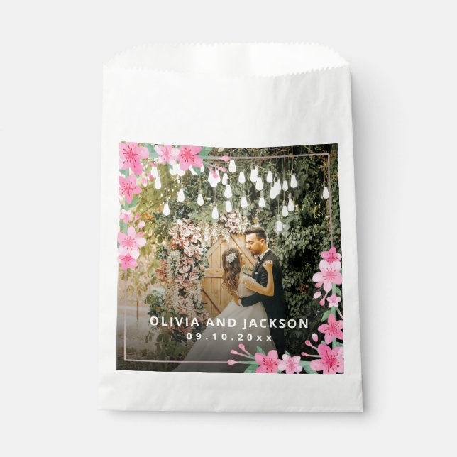 Begrüßung Party Rosa Blütengoldene Rahmen Hochzeit Geschenktütchen (Vorderseite)