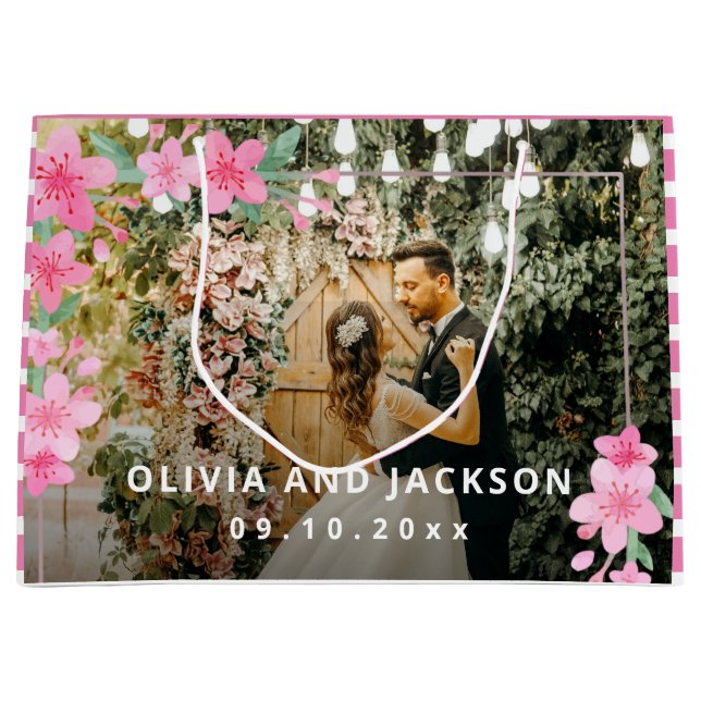 Begrüßung Party Rosa Blütengoldene Rahmen Hochzeit Große Geschenktüte (Vorderseite)