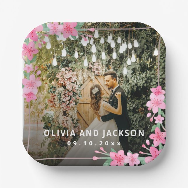 Begrüßung Party Rosa Blütengoldene Rahmen Hochzeit Pappteller (Vorderseite)