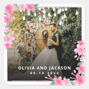 Begrüßung Party Rosa Blütengoldene Rahmen Hochzeit Quadratischer Aufkleber