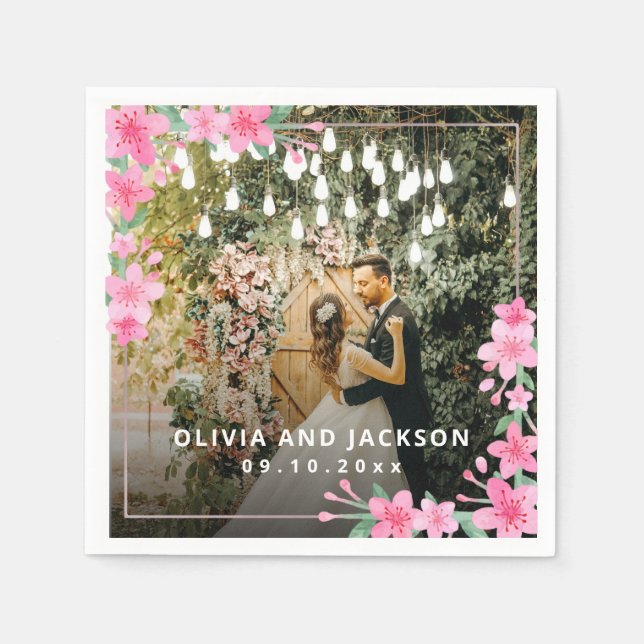 Begrüßung Party Rosa Blütengoldene Rahmen Hochzeit Serviette (Vorderseite)