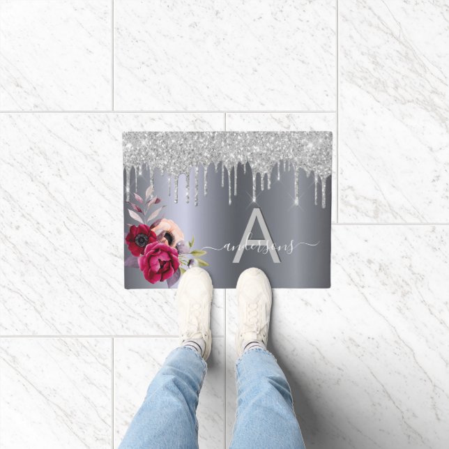 Begrüßung silberner Glitzer Bordeaux-Monogramm Fußmatte (Indoor)