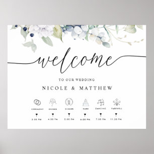 Begrüßung, Timeline White Blue Floral Sign Poster