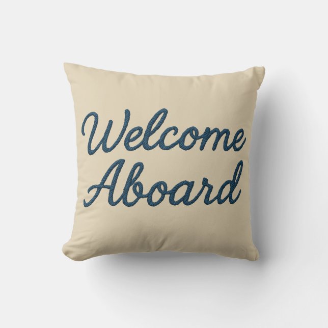 Begrüßung von Beige & Navy Blue Script an Bord Kissen (Vorderseite)