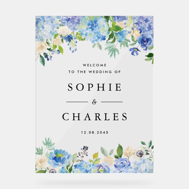 Begrüßung von Blue Hydrangea und White Anemone Acrylschild (Vorderseite)