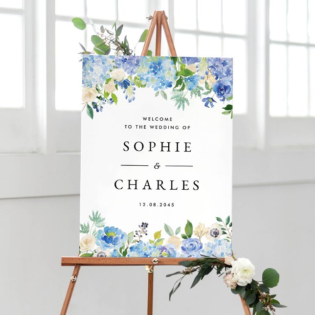 Begrüßung von Blue Hydrangea und White Anemone Poster (Customizable wedding welcome sign featuring watercolor blue hydrangeas and ivory roses garlands)