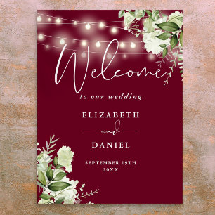 Begrüßung von Burgundy String Lights Floral Weddin Poster