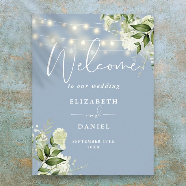 Begrüßung von Dusty Blue String Lights Blues Poster (Dusty Blue String Lights Floral Wedding Welcome Poster)