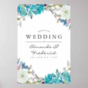 Begrüßung von dusty Blue und Türkis Floral Wedding Poster