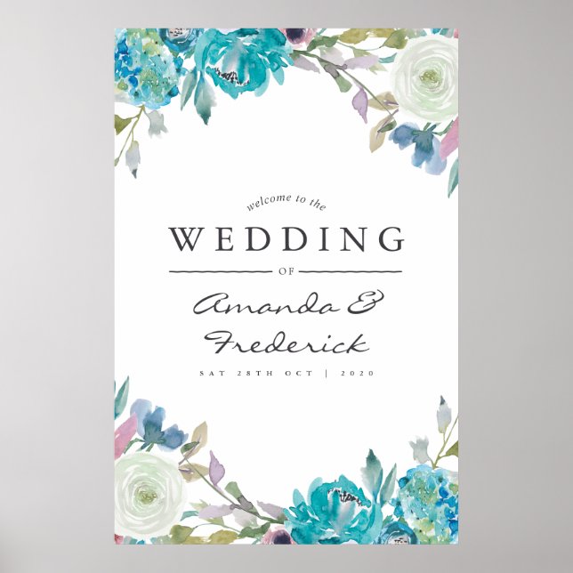 Begrüßung von dusty Blue und Türkis Floral Wedding Poster (Vorne)