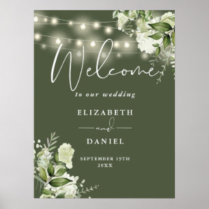 Begrüßung von Olive Green String Lights Floral Wed Poster