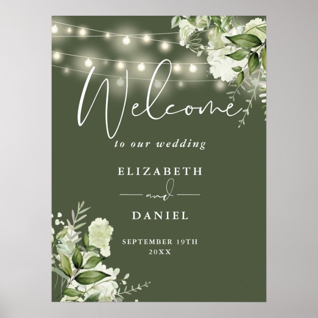 Begrüßung von Olive Green String Lights Floral Wed Poster (Vorne)