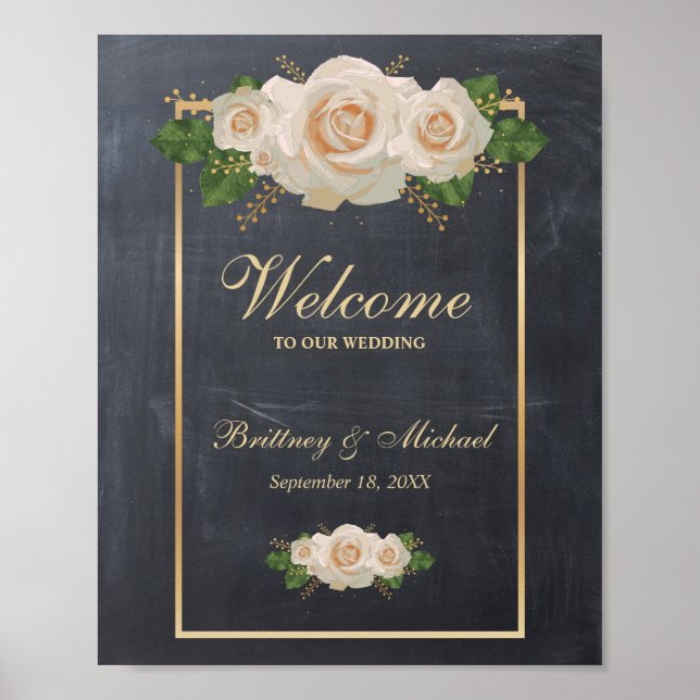 Begrüßung Weißer Rosen Gold Rahmen | Hochzeit Poster (Vorne)