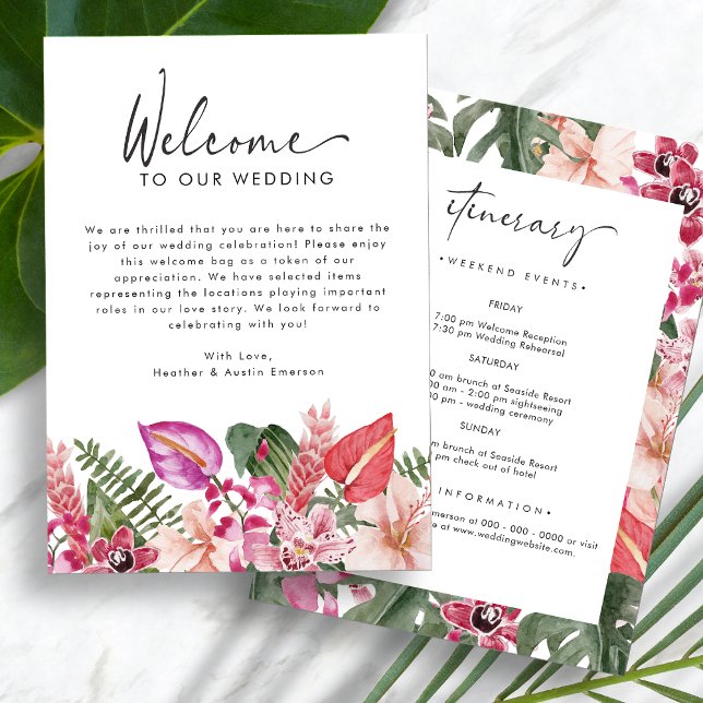 Begrüßungsbrief für tropische Hochzeiten (Tropical Floral Wedding Welcome Letter Itinerary by Painted Paperie
)