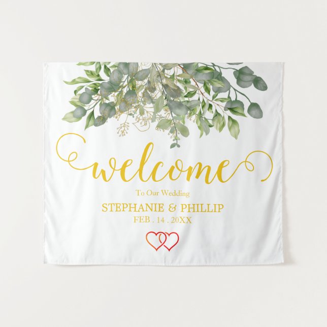 Begrüßungsgrün Eukalyptus Foliage Hochzeitschwarz Wandteppich (Vorderseite (Horizontal))