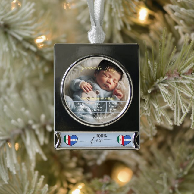 BegrüßungsjungBaby | Benutzerdefiniertes Foto Neug Banner-Ornament Silber (Baum)