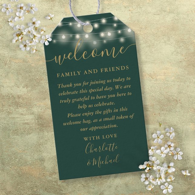 Begrüßungskorb für die Gastgeschenk Hochzeit Green Geschenkanhänger (Green And Gold Lights Wedding Favor Welcome Basket Gift Tags)