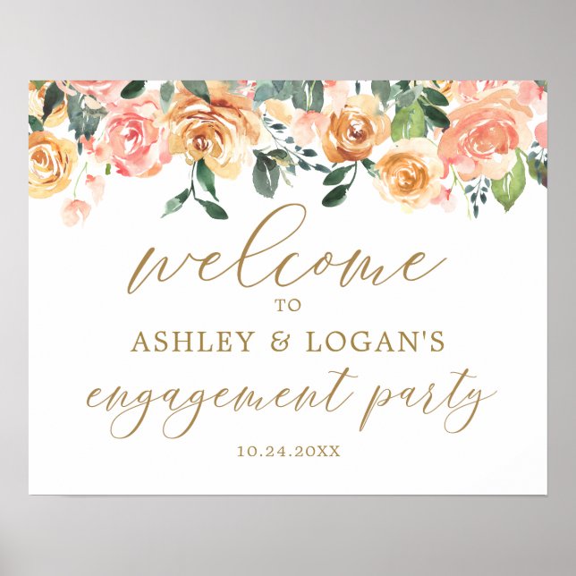 Begrüßungspalette für Gold Peach Floral Engagement Poster (Vorne)