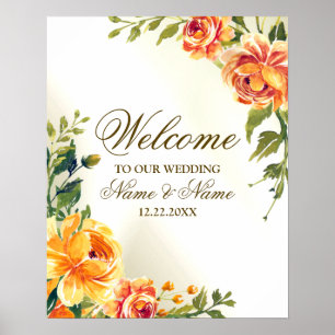 Begrüßungsparty Orange Yellow Red Floral Poster