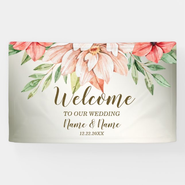 Begrüßungsparty Peach Orange Floral Rustikal Banner (Horizontal)