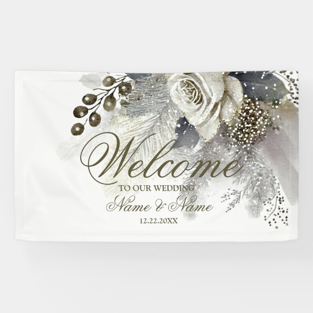 Begrüßungsparty Silver Golden White Roses Banner (Horizontal)