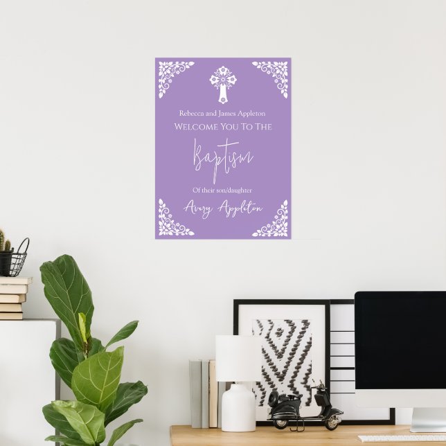 Begrüßungsposter Floral Cross Christening Lilac Poster (Heimbüro)