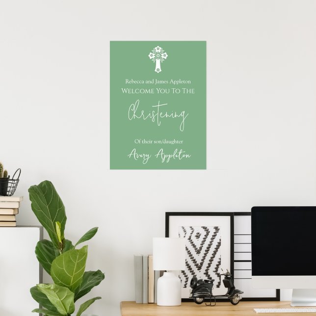 Begrüßungsposter Floral Cross Christening Sage Grü Poster (Heimbüro)