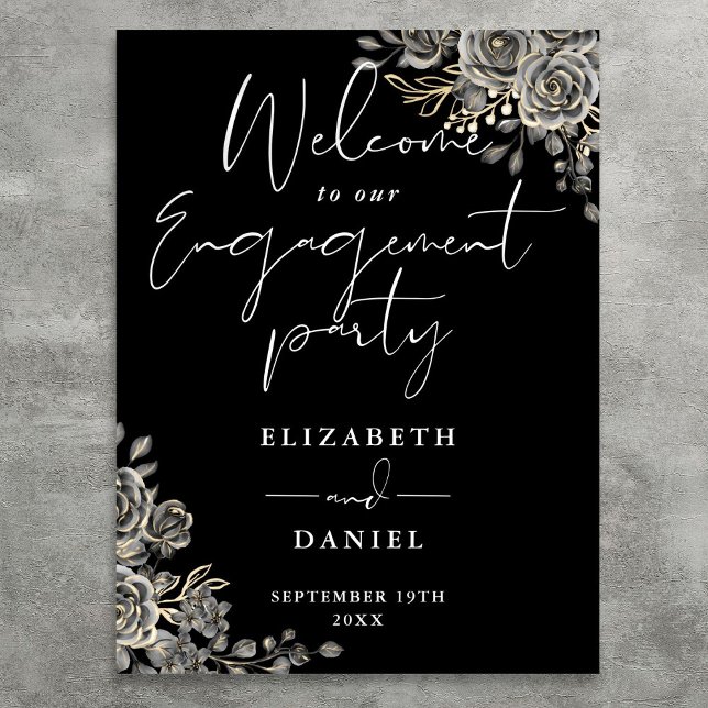 Begrüßungsunterschrift der Gothic Floral Engagemen Poster (Gothic Floral Engagement Party Welcome Sign
)