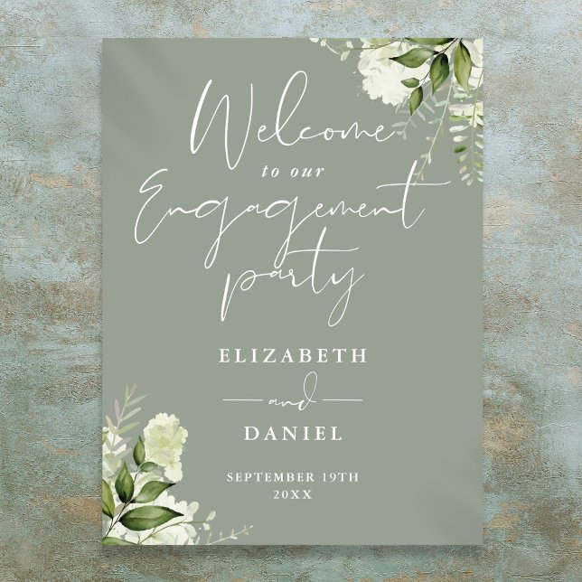 Begrüßungsunterschrift der Grünen Ansprechpartei Poster (Floral Sage Green Engagement Party Welcome Sign)