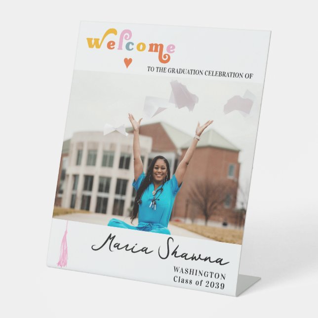 Begrüßungsunterschrift der Retro Graduation Party  Sockelschild (Vorderseite)