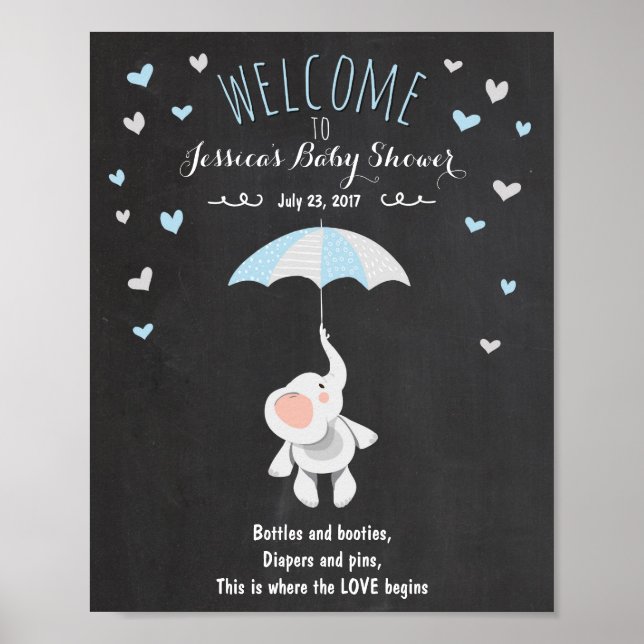 Begrüßungszeichen Baby DuschElefant Blue Boy Dusch Poster (Vorne)