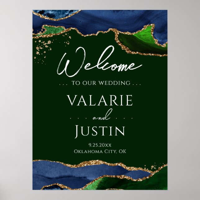 Begrüßungszeichen der Blue Agate Green Wedding Poster (Vorne)