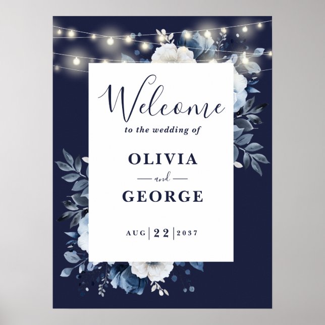 Begrüßungszeichen der Blue String Light Floral Poster (Vorne)